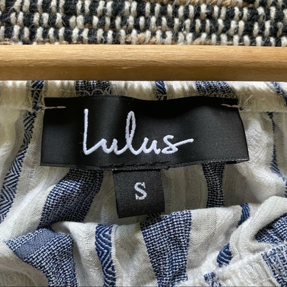 Lulu’s Along the Tides Navy Blue Striped Off-the-Shoulder Mini Dress Bell Sleeve - Picture 11 of 13